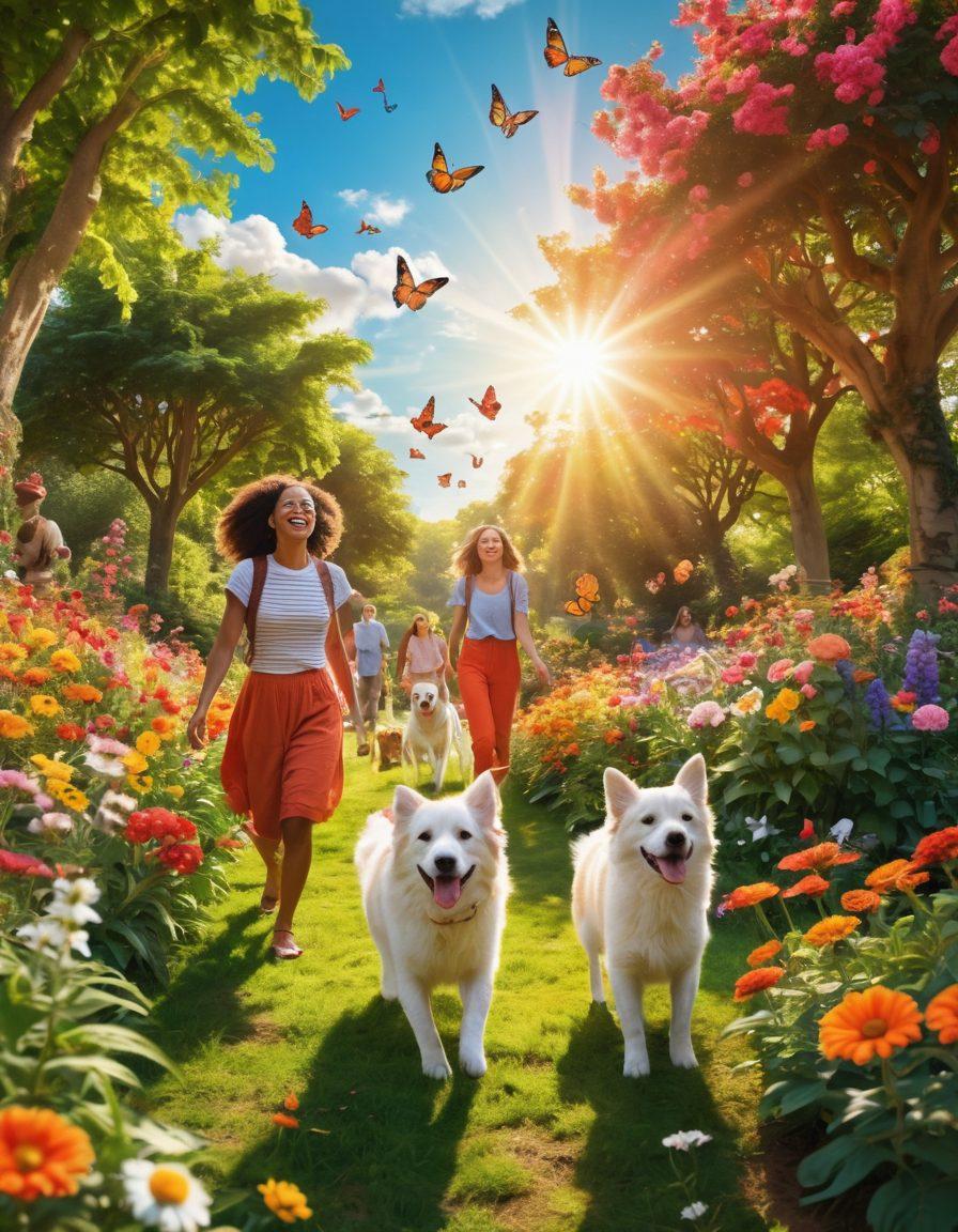A whimsical scene featuring a radiant sun shining down on a diverse group of smiling people in a lush park, surrounded by vibrant flowers and butterflies. Each person represents a different culture, sharing laughter and joy, with bright colors enhancing the cheerful atmosphere. Include soft, fluffy clouds and a playful dog running in the foreground. The overall vibe should convey warmth and happiness. super-realistic. vibrant colors.