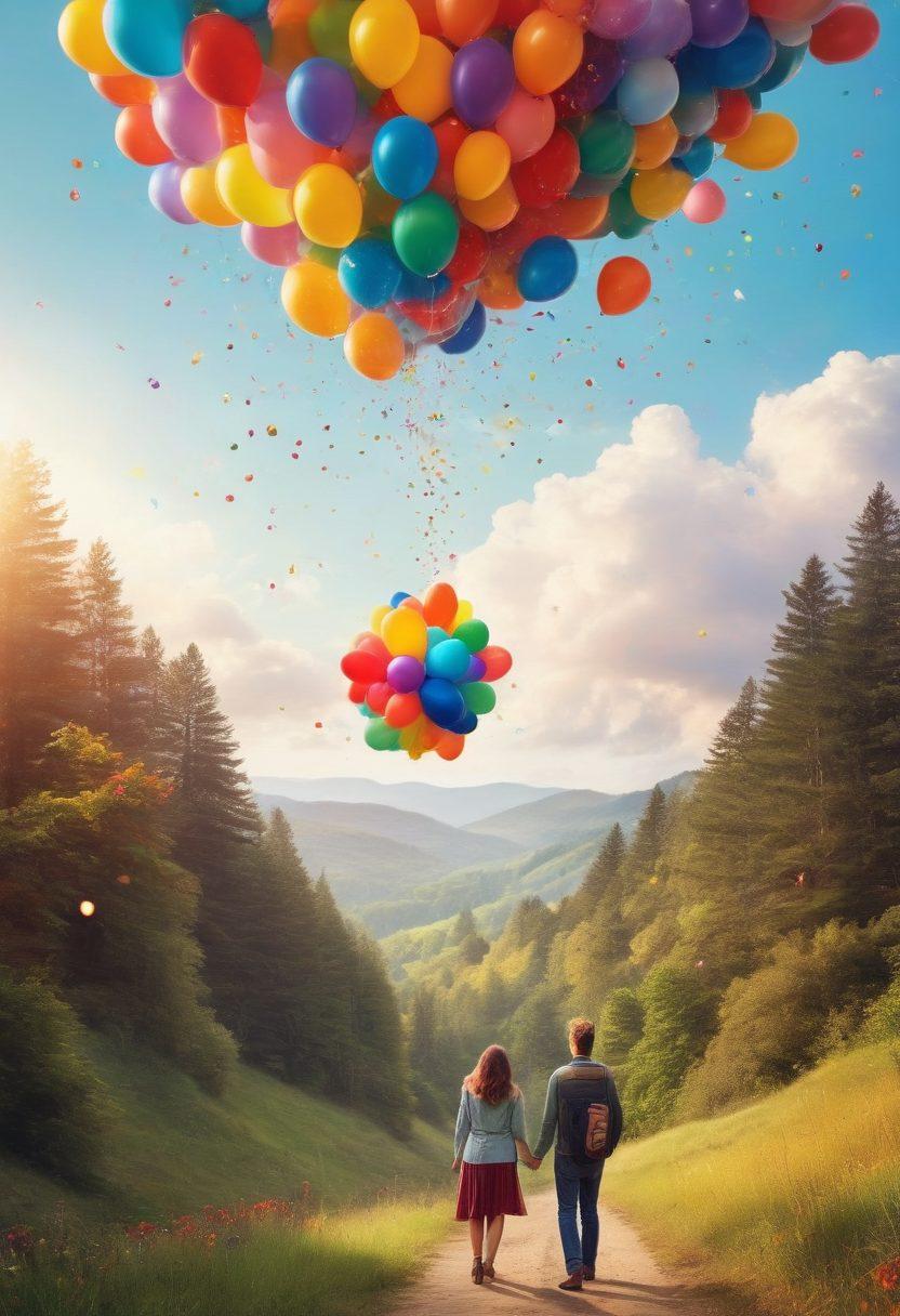 A vibrant collage of joyful snapshots featuring people of all ages capturing moments with colorful balloons, picturesque landscapes, and festive confetti. Incorporate a rainbow arching across a bright sky, symbolizing happiness and wonder. The images should be framed in a whimsical, dream-like style, evoking feelings of nostalgia and adventure. super-realistic. vibrant colors. whimsical.
