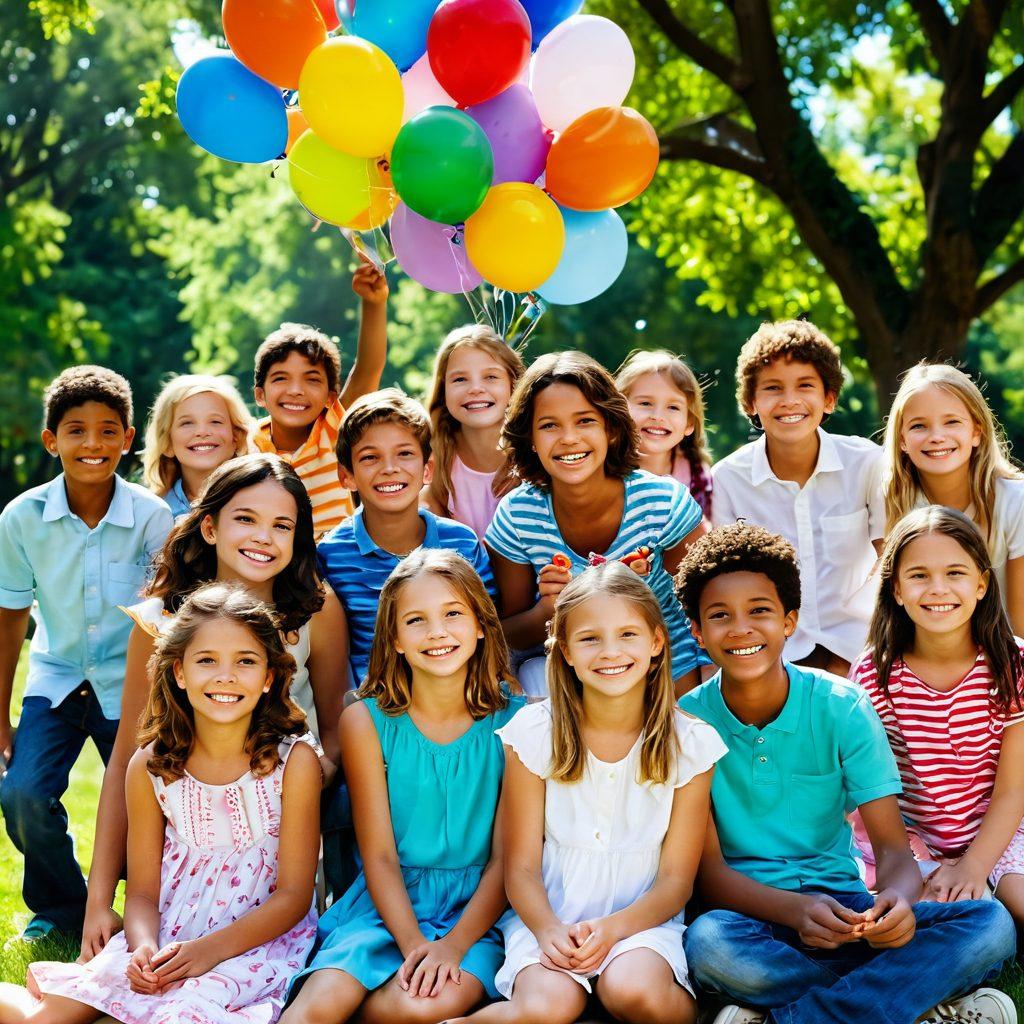 A collection of lively, colorful photographs depicting smiling faces, playful children, and joyful gatherings in a sunlit park. Include elements like blooming flowers, balloons, and a picnic setting, all radiating happiness and warmth. Capture the essence of spontaneity and laughter, showcasing diverse groups of people enjoying life together. super-realistic. vibrant colors. white background.